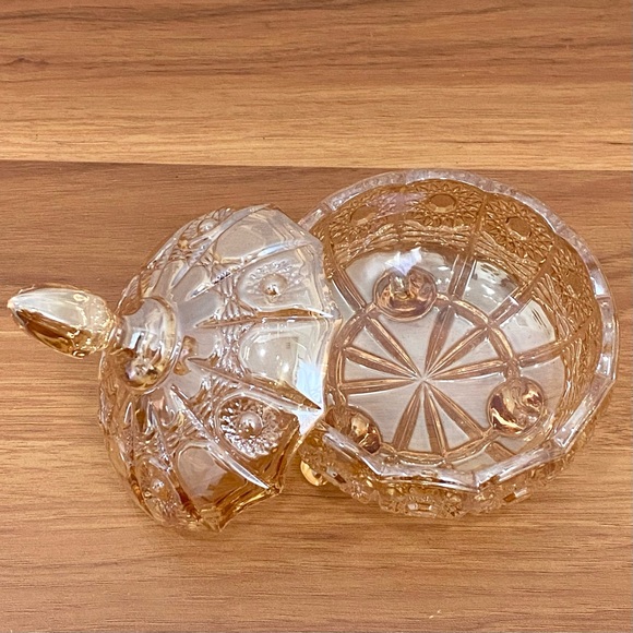 Iridescent Gold Crystal Carnival Glass Footed Flower Relief Lidded Candy Dish - Picture 6 of 12